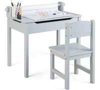 COSTWAY Bureau pour enfants avec chaise, ensemble de tables pour enfants avec plateau rabattable, porte-rouleau de papier (Gris)