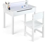 COSTWAY Bureau pour Enfants avec Chaise, Rouleau de Papier, Plateau Rabattable (Rangement Caché)en Bois pour 3+ Ans Blanc