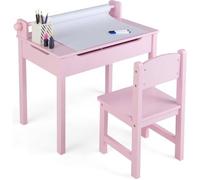 COSTWAY Bureau pour Enfants avec Chaise, Rouleau de Papier, Plateau Rabattable (Rangement Caché)en Bois pour 3+ Ans Rose