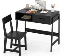 COSTWAY Bureau pour enfants avec chaise, Set de bureau pour enfants en bois, bureau pour jeunes avec tiroir & tablette pour enfants à partir de 3 ans, noir