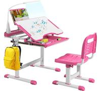 COSTWAY Bureau pour enfants avec support de livres et lumière LED, table et chaise pour enfants réglables en hauteur avec plateau incliné et tiroir, bureau pour enfants pour garçons et filles (rose)