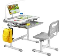COSTWAY Bureau pour enfants avec support de livres, LED, plateau incliné & tiroir, table et chaise réglables en hauteur pour enfants 4+ Gris