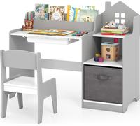 COSTWAY Bureau pour enfants, Bureau pour enfants avec chaise, tiroir, étagères & bac en tissu, Bureau d'écolier en bois pour enfants à partir de 3 ans, Gris