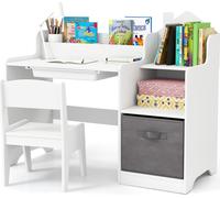COSTWAY Bureau pour enfants, bureau pour enfants avec chaise, tiroir, étagères & bac en tissu, bureau d'écolier en bois pour enfants à partir de 3 ans, blanc