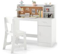 COSTWAY Bureau pour enfants, Bureau pour enfants en bois avec chaise, étagères, tiroirs et armoire, Bureau pour enfants à partir de 3 ans, blanc