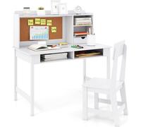 COSTWAY Bureau pour enfants, ensemble bureau pour enfants, bureau pour adolescents avec tableau d'affichage, chaise, rehausse, tiroir et étagères, pour enfants à partir de 3 ans, blanc
