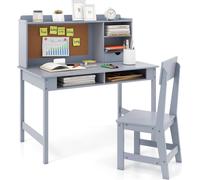 COSTWAY Bureau pour enfants, ensemble de bureau pour enfants, bureau pour adolescents avec tableau d'affichage, chaise, rehausse, tiroir et étagères, pour les enfants à partir de 3 ans, gris