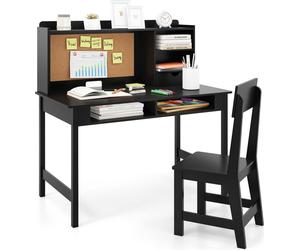COSTWAY Bureau pour enfants, ensemble de bureau pour enfants, bureau pour adolescents avec tableau d'affichage, chaise, rehausse, tiroir et étagères, pour les enfants à partir de 3 ans, noir