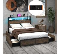 COSTWAY Cadre de Lit Double 140x200cm avec Sommier, Lit avec Éclairage LED et Prise de Courant, USB et 1 Type C, Sommier en Métal avec 4 Tiroirs Rangement, Mode Musique, Assemblage Facile