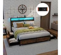 COSTWAY Cadre de Lit Double 160x200cm avec Sommier, Lit avec Éclairage LED et Prise de Courant, USB et 1 Type C, Sommier en Métal avec 4 Tiroirs Rangement, Mode Musique, Assemblage Facile