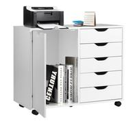 COSTWAY Caisson de Bureau avec Roues, 5 Tiroirs, Placard, Poignée Incurvée, Support Imprimante pour Bureau, 79 x 39 x 65 cm, Blanc