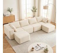 COSTWAY Canapé d'angle Convertible Modulable en Velours Côtelé, 2 Tabourets | Assise Profonde, Canapé-lit Moderne, Coussins Confortables, Accoudoirs, Poches de Rangement Latérales, Housses Lavables