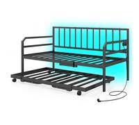 COSTWAY Canapé Lit 90 x200 /180 x 200 cm avec Éclairage LED, Lit Banquette Gigogne en Métal avec Multiprise et Prise USB, Lattes Résistantes, pour Salon, Chambre, Appartement (Noir)