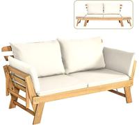 COSTWAY Canapé-lit avec accoudoirs rabattables, Bain de soleil Banc en bois d'acacia avec support, Banc de jardin pour jardin terrasse intérieur (Blanc)
