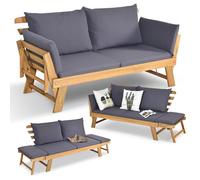 COSTWAY Canapé Lit de Jardin Convertible 2 Places en Bois d’Acacia avec Coussin, Canapé de Jardin 2 en 1 avec Accoudoir Réglable Charge 320KG, pour Patio Piscine Cour (Gris)