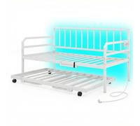 COSTWAY Canapé Lit Gigogne 90 x200 /180 x 200 cm avec Éclairage LED (Blanc) | Lit Banquette en Métal avec Multiprise et Prise USB, Lattes Résistantes, pour Salon, Chambre, Appartement