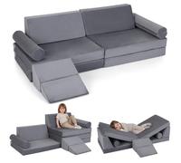 COSTWAY Canapé pour enfants 10 pièces avec fonction couchage, canapé de jeu en velours cristal avec housses, canapé pour enfants, coin douillet pour les enfants à partir de 3 ans, gris