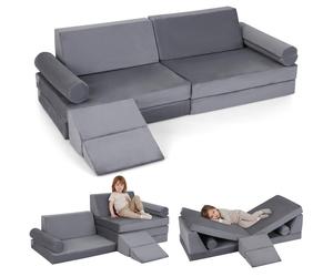 COSTWAY Canapé pour enfants 10 pièces avec fonction couchage, canapé de jeu en velours cristal avec housses, canapé pour enfants, coin douillet pour les enfants à partir de 3 ans, gris