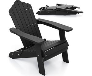 COSTWAY Chaise Adirondack Fauteuil de jardin pliable résistant aux intempéries, Chaise Adirondack avec dossier haut & accoudoirs larges Plastique jusqu'à 180kg Noir