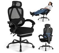 COSTWAY Chaise de Bureau Ergonomique, Dossier Haut en Maille Inclinable de 135°et Repose-Pieds Rétractable, Repose-Tête, Soutien Lombaire Réglables, Accoudoirs Rembourrés, Hauteur Réglable, Noir