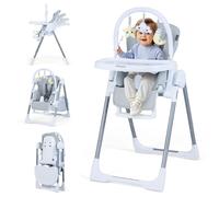 COSTWAY Chaise Haute Bébé Évolutive, Hauteur Réglable, Dossier Inclinable, Chaise Haute Bebe Pliable, Harnais de Sécurité, Plateau et Coussin Amovible, 3 Jouets, Roulettes, pour 6-36 Mois (Gris Clair)