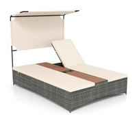 COSTWAY Chaise Longue à 2 Places en Rotin avec Auvent, Bain de Soleil avec Coussins Amovibles Dossier Réglable en 5 Positions Table Centrale Porte-Gobelets, Canapé Lit pour Piscine Terrasse (Beige)
