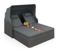 COSTWAY Chaise Longue à 2 Places en Rotin avec Auvent Rétractable, Bain de Soleil avec Dossiers Réglables Table Centrale Porte-Gobelets, Canapé Lit Extérieur pour Piscine Terrasse (Gris)