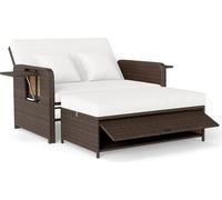 COSTWAY Chaise longue de jardin 3 en 1 en polyrotin, chaise longue avec dossier réglable, tablettes latérales, coussins et tabouret, lit de repos double, canapé de jardin