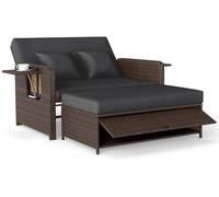 COSTWAY Chaise longue de jardin 3 en 1 en polyrotin, chaise longue avec dossier réglable, tablettes latérales, coussins et tabouret, lit de repos double, canapé de jardin