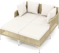 COSTWAY Chaise longue de jardin résistante aux intempéries pour 2 personnes, chaise longue double en polyrotin avec coussins d'assise et de dossier, chaise longue, transat, lit de bronzage, chaise lon