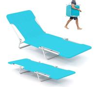 COSTWAY Chaise longue de plage pliable, set de 2, Bain de soleil avec dossier et repose-pieds réglables et sangle de transport, Chaise longue pliable portable, Chaise longue jusqu'à 150kg Bleu