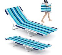 COSTWAY Chaise longue de plage pliable, set de 2, Bain de soleil avec dossier et repose-pieds réglables et sangle de transport, Chaise longue pliable portable, Chaise longue jusqu'à 150kg Bleu