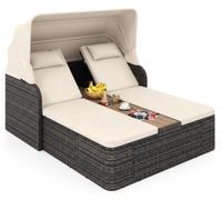 COSTWAY : chaise longue double en polyrotin pour 2 personnes, chaise longue de jardin avec auvent, dossiers réglables, coussin et table centrale, chaise longue de détente