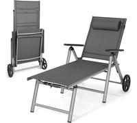 COSTWAY Chaise longue en aluminium avec roulettes, Chaise longue pliante avec dossier réglable en 7 positions et coussin amovible, Chaise longue pliante de jardin avec tissu à séchage rapide
