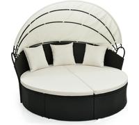 COSTWAY Chaise longue en rotin, Chaise longue de jardin avec coussins & baldaquin rétractable, Ile de soleil pour 2-3 personnes 187x180x157cm