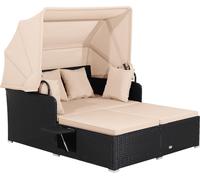 COSTWAY Chaise longue en rotin pour 2 personnes, Chaise longue de jardin avec toit, coussin et tables latérales pliables, Chaise longue double Lit de soleil Lounge Lit jaune