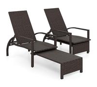 COSTWAY Chaise Longue Jardin en Rotin PE, Repose-Pieds Rétractable, Bain de Soleil Inclinable, Dossier Réglable 6 Niveaux, Charge 180 kg, Patins Réglables, Transat pour Terrasse Piscine Balcon (2)