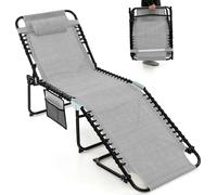 COSTWAY Chaise longue pliable jusqu'à 150kg, Chaise longue de jardin avec appui-tête, poche latérale & dossier réglable Gris