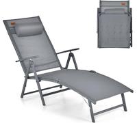 COSTWAY Chaise longue pliante, Chaise longue de jardin avec appui-tête, 7 dossiers réglables, Chaise longue pliante jusqu'à 150 kg, Chaise longue portable pour jardin, arrière-cour, balcon (Gris)