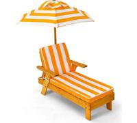 COSTWAY Chaise longue pour enfants avec parasol, Chaise longue en bois, Chaise longue de jardin jusqu'à 50kg, Chaise longue de plage en bois, Chaise pour enfants avec coussin 92x49x106cm