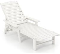 COSTWAY Chaise longue résistante aux intempéries HDPE, Chaise longue de jardin avec porte-boisson, accoudoirs & dossier réglable, Chaise longue de terrasse blanche