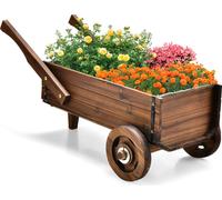 COSTWAY Chariot à fleurs en bois, Chariot à plantes avec roues et poignées, Chariot à fleurs avec trou d'écoulement, Pot à plantes Bollerwagen, Brouette Décoration de jardin, Chariot à plantes rustiqu