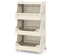 COSTWAY Chariot à Linge sur Roulettes, Panier à Linge, Corbeille À Linge avec 3 Paniers Amovibles Beige 44,5 x 29,5 x 74,5 CM