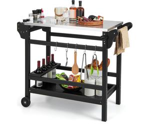 COSTWAY Chariot barbecue résistant aux intempéries, table de grill avec plateau à épices, casier à bouteilles de vin, poignée, 2 roulettes, plan de travail en acier inoxydable, chariot de service