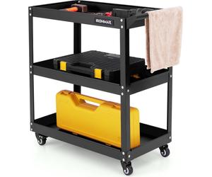 COSTWAY Chariot d'atelier à 3 niveaux jusqu'à 120kg, chariot d'atelier avec 4 roues universelles & poignée, chariot à outils en métal 73x36x75cm Noir