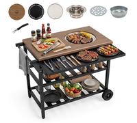 COSTWAY Chariot de Barbecue d'Extérieur 3 Niveaux avec Four Coréen Plan de Travail Étagères Ouvertes Tablette Latérale Rabattable