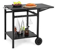 COSTWAY Chariot de Barbecue d'Extérieur à Double Étagère Pliante | Desserte de Jardin Mobile 4 Crochets et 2 Roues pour Four à Pizza et Barbecue, 96,5 x 64 x 75,5 cm