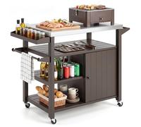 COSTWAY Chariot de barbecue en métal, table de barbecue sur roulettes, chariot de service avec plan de travail en inox, 3 étagères, armoire, étagère à épices & poignée, table d'appoint Marron
