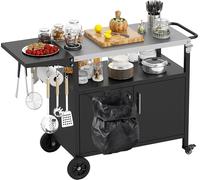 COSTWAY Chariot de barbecue Outdoor, table de barbecue avec plateau en acier inoxydable, table latérale pliable, armoire, 6 crochets & poignée, jusqu'à 100 kg, table de camping 127x50x84cm