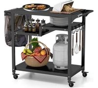 COSTWAY Chariot de barbecue Table de barbecue Outdoor, table à pizza avec 4 étagères & 4 roulettes & crochets, table d'appoint barbecue Chariot de service jardin Trolley pour l'extérieur, 100,5 x 50 x